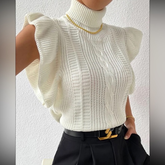 ✨Turtle Neck Ruffle Trim Cable Knit Sweater Vest - Picture 1 of 8